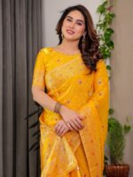 Mustard Yellow Fendi Satin Block & Foil Printed Saree with Traditional Butti Motifs, Tassel Edges & Attached Blouse - Image 7