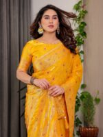 Mustard Yellow Fendi Satin Block & Foil Printed Saree with Traditional Butti Motifs, Tassel Edges & Attached Blouse - Image 9