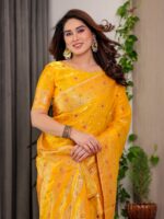 Mustard Yellow Fendi Satin Block & Foil Printed Saree with Traditional Butti Motifs, Tassel Edges & Attached Blouse - Image 5