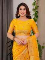 Mustard Yellow Fendi Satin Block & Foil Printed Saree with Traditional Butti Motifs, Tassel Edges & Attached Blouse - Image 4