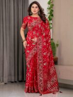 Crimson Red Fendi Satin Floral Block & Foil Printed Saree with Ornamental Border, Tassel Edges & Attached Blouse - Image 5