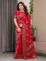 Crimson Red Fendi Satin Floral Block & Foil Printed Saree with Ornamental Border, Tassel Edges & Attached Blouse - Image 7