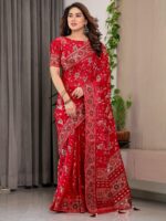 Crimson Red Fendi Satin Floral Block & Foil Printed Saree with Ornamental Border, Tassel Edges & Attached Blouse - Image 9