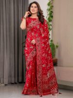 Crimson Red Fendi Satin Floral Block & Foil Printed Saree with Ornamental Border, Tassel Edges & Attached Blouse - Image 11