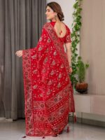 Crimson Red Fendi Satin Floral Block & Foil Printed Saree with Ornamental Border, Tassel Edges & Attached Blouse - Image 3