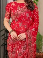 Crimson Red Fendi Satin Floral Block & Foil Printed Saree with Ornamental Border, Tassel Edges & Attached Blouse - Image 2