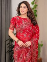 Crimson Red Fendi Satin Floral Block & Foil Printed Saree with Ornamental Border, Tassel Edges & Attached Blouse - Image 6