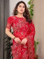 Crimson Red Fendi Satin Floral Block & Foil Printed Saree with Ornamental Border, Tassel Edges & Attached Blouse - Image 10