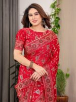 Crimson Red Fendi Satin Floral Block & Foil Printed Saree with Ornamental Border, Tassel Edges & Attached Blouse - Image 8