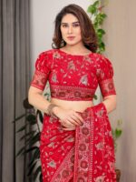 Crimson Red Fendi Satin Floral Block & Foil Printed Saree with Ornamental Border, Tassel Edges & Attached Blouse - Image 4