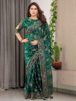 Emerald Green Fendi Satin Floral Block & Foil Printed Saree with Ornamental Border, Tassel Edges & Attached Blouse - Image 6