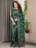 Emerald Green Fendi Satin Floral Block & Foil Printed Saree with Ornamental Border, Tassel Edges & Attached Blouse - Image 8