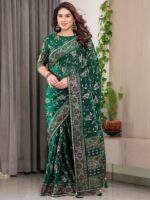 Emerald Green Fendi Satin Floral Block & Foil Printed Saree with Ornamental Border, Tassel Edges & Attached Blouse - Image 10
