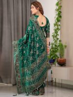 Emerald Green Fendi Satin Floral Block & Foil Printed Saree with Ornamental Border, Tassel Edges & Attached Blouse - Image 3