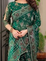Emerald Green Fendi Satin Floral Block & Foil Printed Saree with Ornamental Border, Tassel Edges & Attached Blouse - Image 2