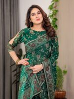 Emerald Green Fendi Satin Floral Block & Foil Printed Saree with Ornamental Border, Tassel Edges & Attached Blouse - Image 5