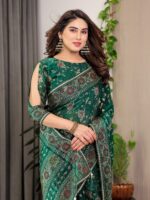 Emerald Green Fendi Satin Floral Block & Foil Printed Saree with Ornamental Border, Tassel Edges & Attached Blouse - Image 7