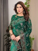 Emerald Green Fendi Satin Floral Block & Foil Printed Saree with Ornamental Border, Tassel Edges & Attached Blouse - Image 11