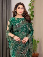 Emerald Green Fendi Satin Floral Block & Foil Printed Saree with Ornamental Border, Tassel Edges & Attached Blouse - Image 9