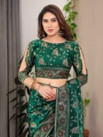 Emerald Green Fendi Satin Floral Block & Foil Printed Saree with Ornamental Border, Tassel Edges & Attached Blouse - Image 4