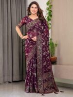 Plum Purple Fendi Satin Floral Block & Foil Printed Saree with Ornamental Border, Tassel Edges & Attached Blouse - Image 6
