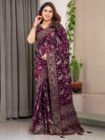 Plum Purple Fendi Satin Floral Block & Foil Printed Saree with Ornamental Border, Tassel Edges & Attached Blouse - Image 8