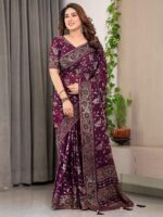 Plum Purple Fendi Satin Floral Block & Foil Printed Saree with Ornamental Border, Tassel Edges & Attached Blouse - Image 10