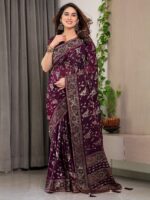 Plum Purple Fendi Satin Floral Block & Foil Printed Saree with Ornamental Border, Tassel Edges & Attached Blouse - Image 11
