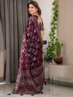 Plum Purple Fendi Satin Floral Block & Foil Printed Saree with Ornamental Border, Tassel Edges & Attached Blouse - Image 3