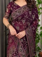 Plum Purple Fendi Satin Floral Block & Foil Printed Saree with Ornamental Border, Tassel Edges & Attached Blouse - Image 2