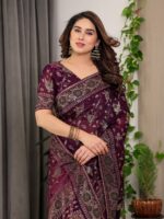 Plum Purple Fendi Satin Floral Block & Foil Printed Saree with Ornamental Border, Tassel Edges & Attached Blouse - Image 5