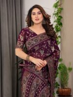 Plum Purple Fendi Satin Floral Block & Foil Printed Saree with Ornamental Border, Tassel Edges & Attached Blouse - Image 7