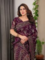 Plum Purple Fendi Satin Floral Block & Foil Printed Saree with Ornamental Border, Tassel Edges & Attached Blouse - Image 9