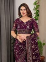 Plum Purple Fendi Satin Floral Block & Foil Printed Saree with Ornamental Border, Tassel Edges & Attached Blouse - Image 4