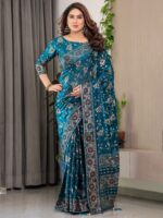 Peacock Blue Fendi Satin Floral Block & Foil Printed Saree with Ornamental Border, Tassel Edges & Attached Blouse - Image 6