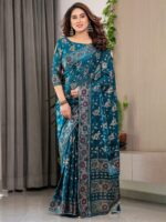 Peacock Blue Fendi Satin Floral Block & Foil Printed Saree with Ornamental Border, Tassel Edges & Attached Blouse - Image 8