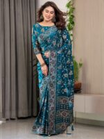 Peacock Blue Fendi Satin Floral Block & Foil Printed Saree with Ornamental Border, Tassel Edges & Attached Blouse - Image 10