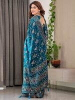 Peacock Blue Fendi Satin Floral Block & Foil Printed Saree with Ornamental Border, Tassel Edges & Attached Blouse - Image 3