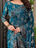 Peacock Blue Fendi Satin Floral Block & Foil Printed Saree with Ornamental Border, Tassel Edges & Attached Blouse - Image 2