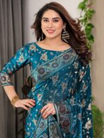 Peacock Blue Fendi Satin Floral Block & Foil Printed Saree with Ornamental Border, Tassel Edges & Attached Blouse - Image 5
