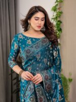 Peacock Blue Fendi Satin Floral Block & Foil Printed Saree with Ornamental Border, Tassel Edges & Attached Blouse - Image 7
