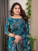 Peacock Blue Fendi Satin Floral Block & Foil Printed Saree with Ornamental Border, Tassel Edges & Attached Blouse - Image 11