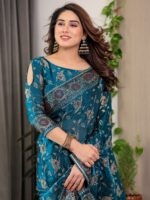 Peacock Blue Fendi Satin Floral Block & Foil Printed Saree with Ornamental Border, Tassel Edges & Attached Blouse - Image 9