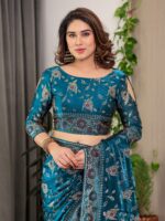 Peacock Blue Fendi Satin Floral Block & Foil Printed Saree with Ornamental Border, Tassel Edges & Attached Blouse - Image 4