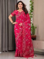 Magenta Pink Fendi Satin Floral Block & Foil Printed Saree with Ornamental Border, Tassel Edges & Attached Blouse - Image 5