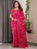 Magenta Pink Fendi Satin Floral Block & Foil Printed Saree with Ornamental Border, Tassel Edges & Attached Blouse - Image 7
