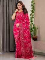 Magenta Pink Fendi Satin Floral Block & Foil Printed Saree with Ornamental Border, Tassel Edges & Attached Blouse - Image 9