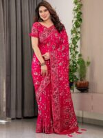 Magenta Pink Fendi Satin Floral Block & Foil Printed Saree with Ornamental Border, Tassel Edges & Attached Blouse - Image 11