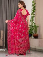 Magenta Pink Fendi Satin Floral Block & Foil Printed Saree with Ornamental Border, Tassel Edges & Attached Blouse - Image 3