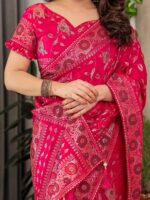 Magenta Pink Fendi Satin Floral Block & Foil Printed Saree with Ornamental Border, Tassel Edges & Attached Blouse - Image 2